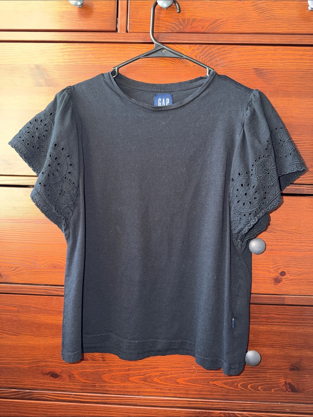 GAP Black Eyelet Flutter Sleeve Tee - Women's Short Sleeve Top